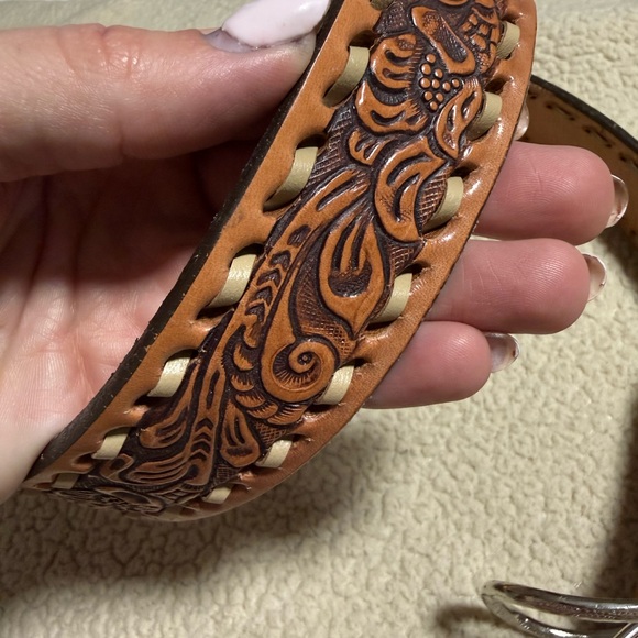 Double J Saddlery Tooled Leather Western Belt with Engraved Silver Buckle
